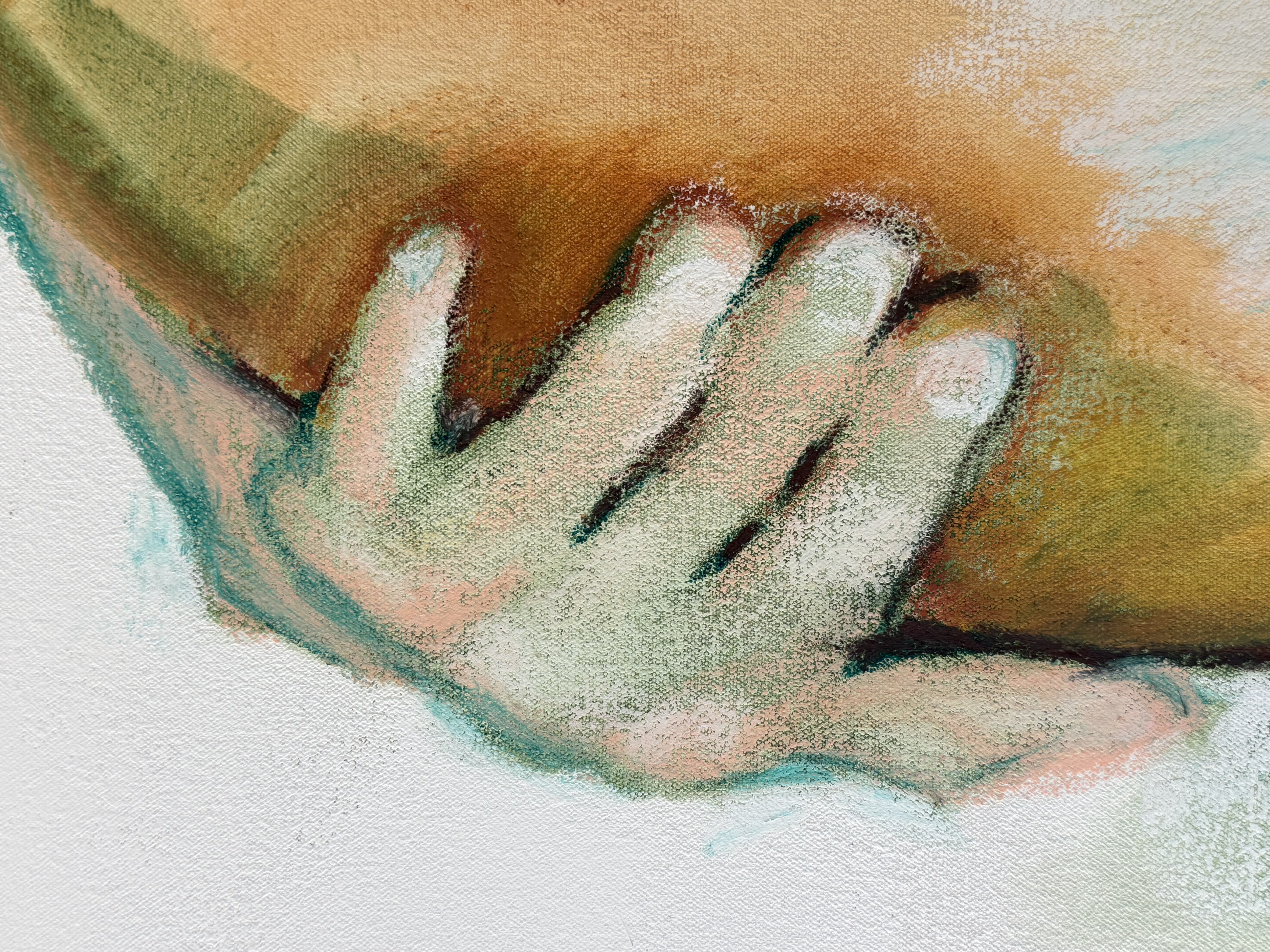 Detail of a hand resting on a persons back, painted with loose, grainy marks.