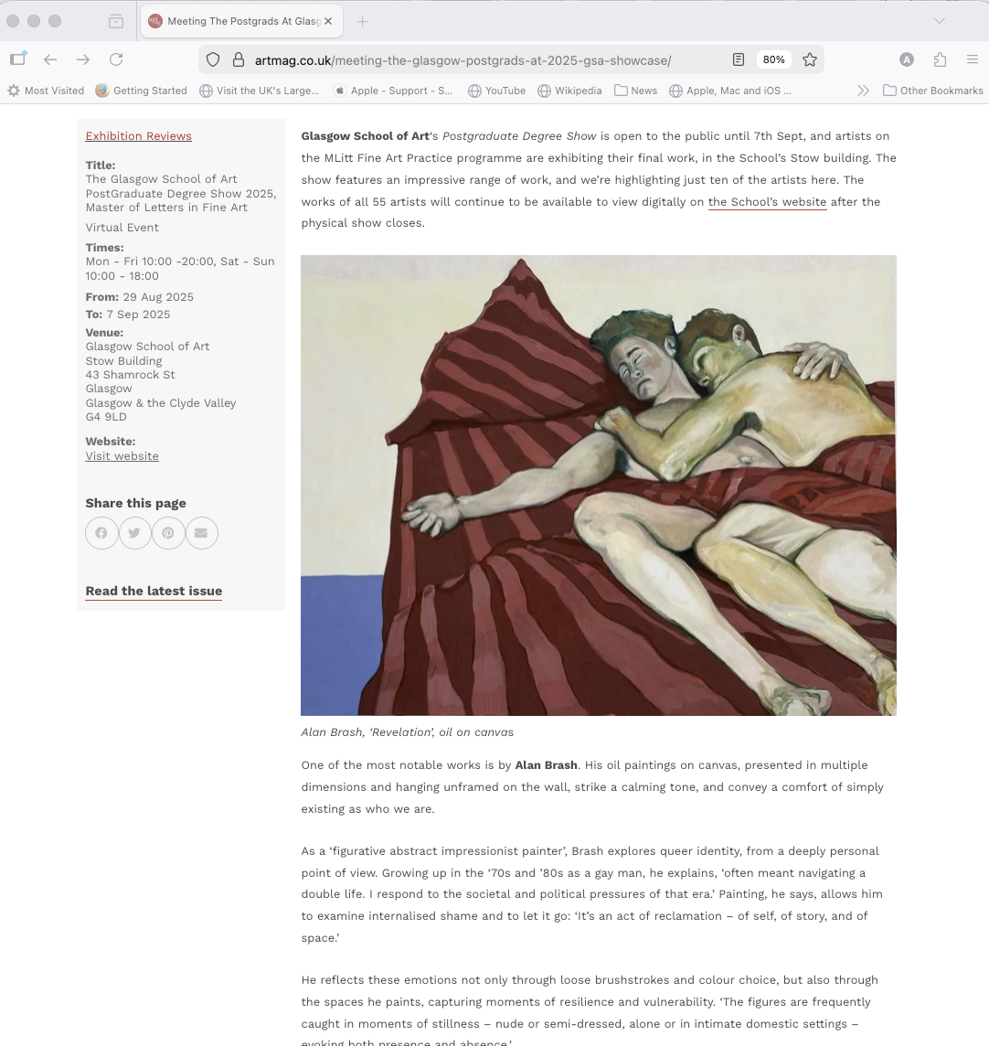 Screenshot of the ArtMag UK review featuring Alan Brash’s work from the 2025 GSA Post Graduate Degree Show.